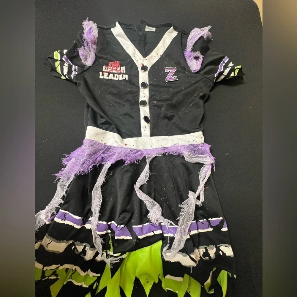 HALLOWEEN COSTUME “ZOMBIE FEAR LEADER” GIRLS SIZE LARGE 12-14 BLACK/PURPLE/GREEN